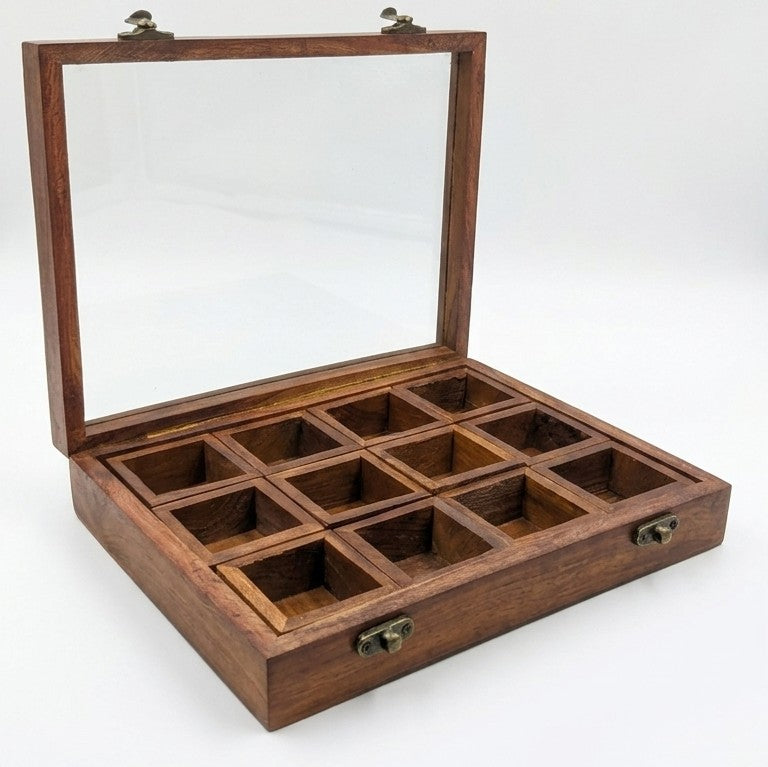 Wooden Grand Spice Box – 12-Compartment Glass Top Kitchen Chest