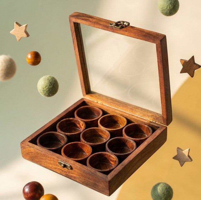 Wooden Heritage Masala Spice Box – 9-Jar Glass Lid Spice Organizer