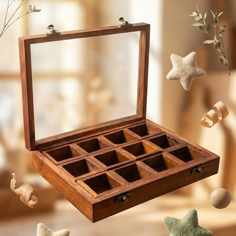Wooden Grand Spice Box – 12-Compartment Glass Top Kitchen Chest