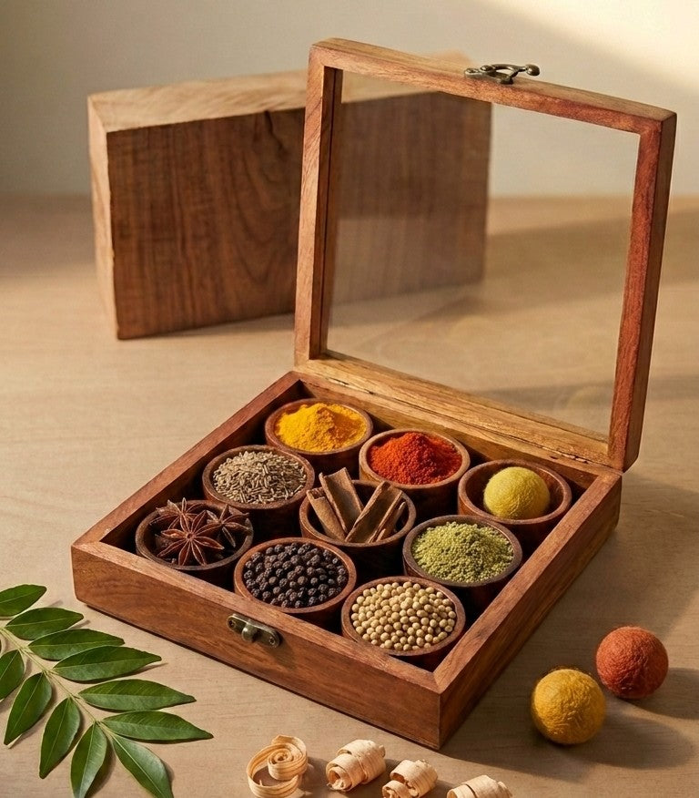 Wooden Heritage Masala Spice Box – 9-Jar Glass Lid Spice Organizer