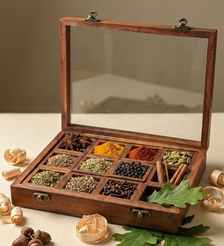 Wooden Grand Spice Box – 12-Compartment Glass Top Kitchen Chest