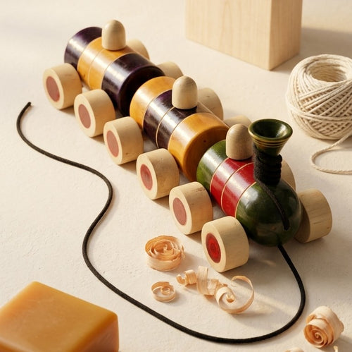 Handcrafted Wooden 3-Section Steam Train Set – Pull-Along Toy