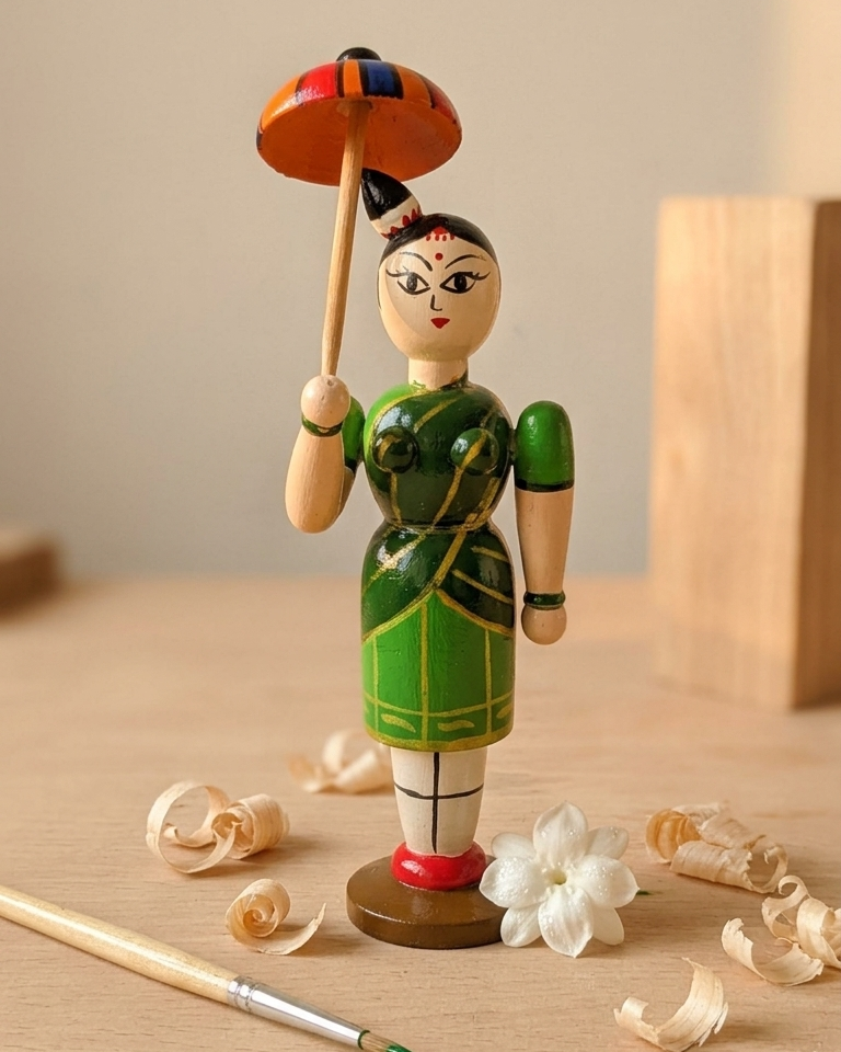 Wooden Village Belle with Umbrella Figurine – Traditional Folk Doll
