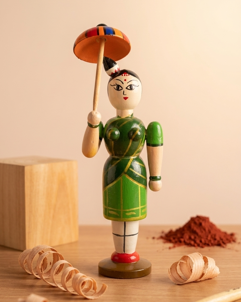 Wooden Village Belle with Umbrella Figurine – Traditional Folk Doll