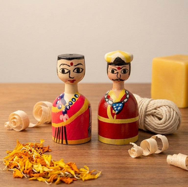 Wooden Village Couple Figurines – Handcrafted Indian Folk Art Set