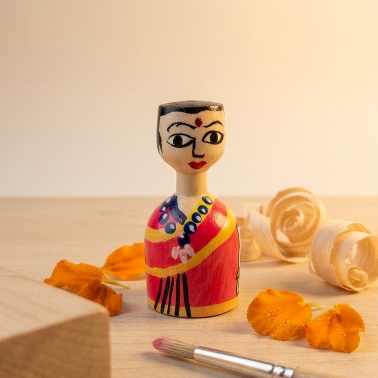 Wooden Village Couple Figurines – Handcrafted Indian Folk Art Set