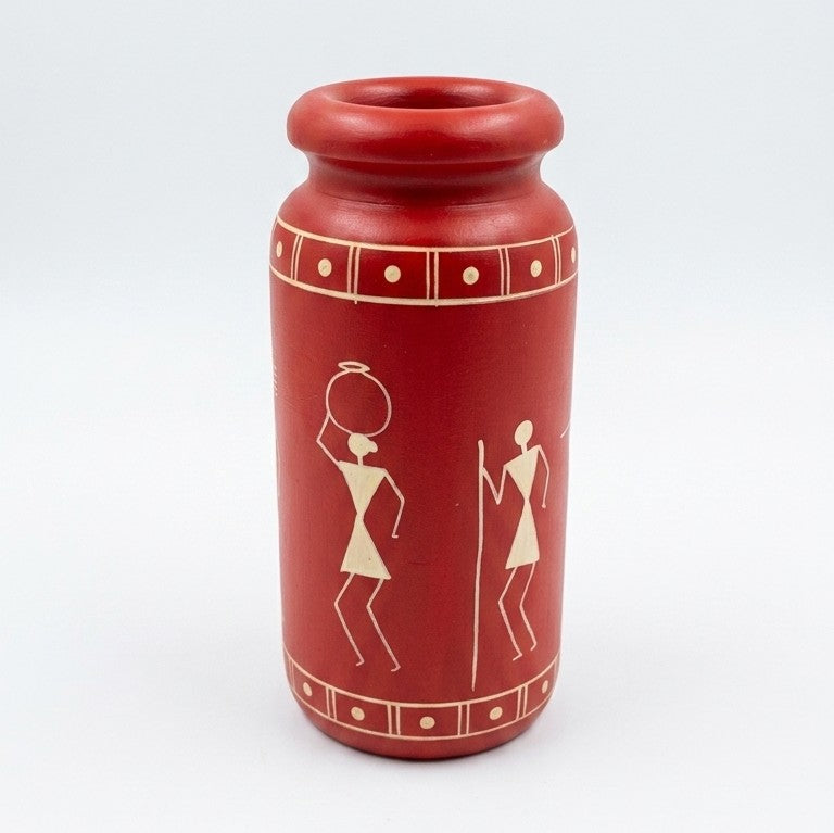 Wooden Warli Red Decorative Vase – Handcrafted Ethnic Flower Pot