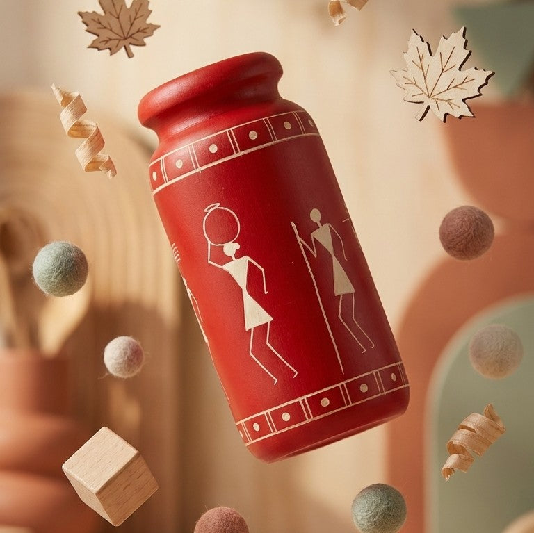 Wooden Warli Red Decorative Vase – Handcrafted Ethnic Flower Pot