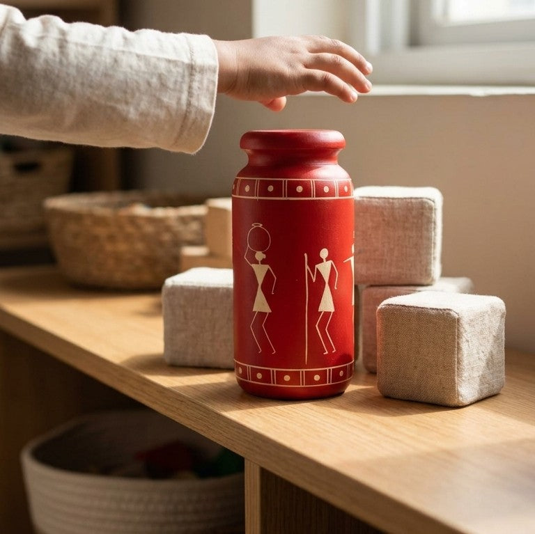 Wooden Warli Red Decorative Vase – Handcrafted Ethnic Flower Pot