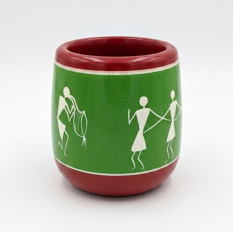 Wooden Warli Art Pen Stand (Green) – Hand-Painted Desk Decor
