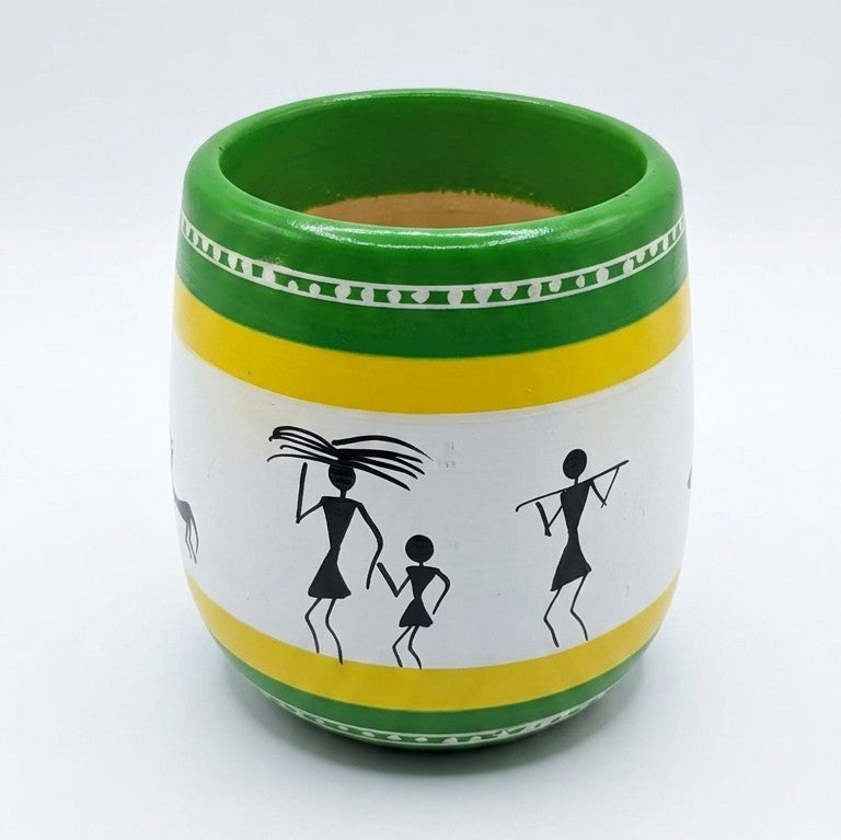 Wooden Warli Art Pen Stand (White) – Hand-Painted Desk Tumbler