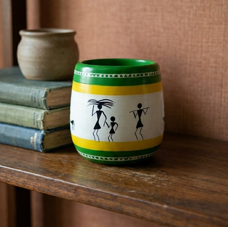 Wooden Warli Art Pen Stand (White) – Hand-Painted Desk Tumbler