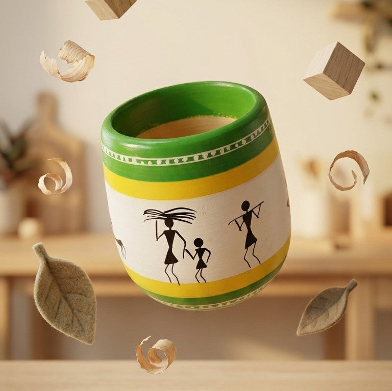 Wooden Warli Art Pen Stand (White) – Hand-Painted Desk Tumbler