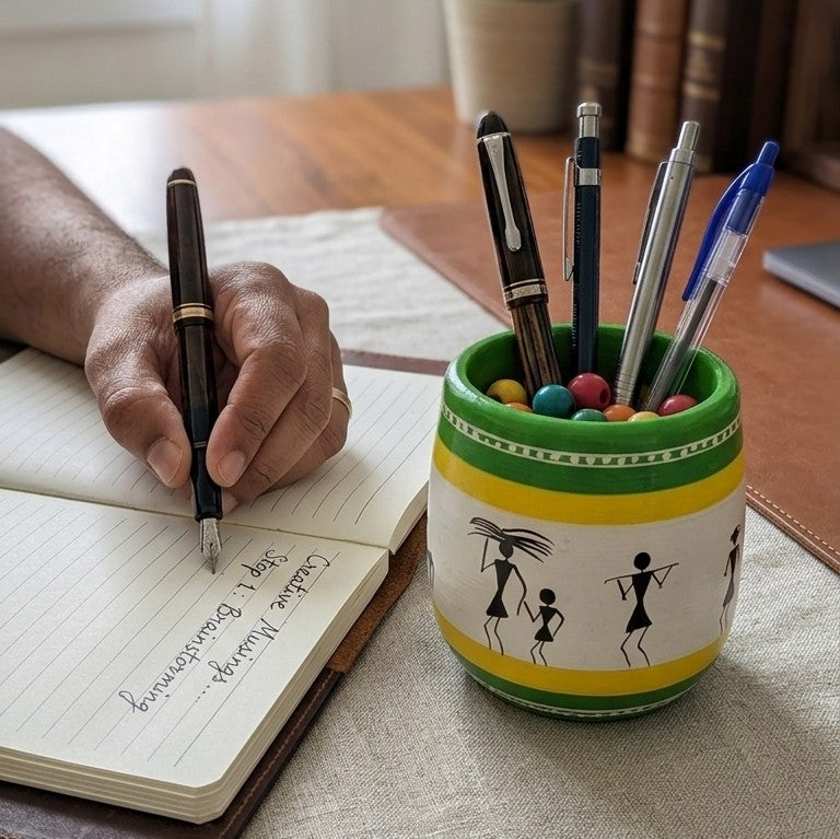 Wooden Warli Art Pen Stand (White) – Hand-Painted Desk Tumbler