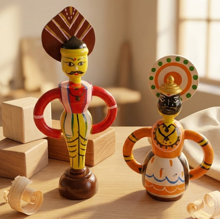 Wooden Yakshagana & Kathakali Folk Dolls – Traditional Theatre Set