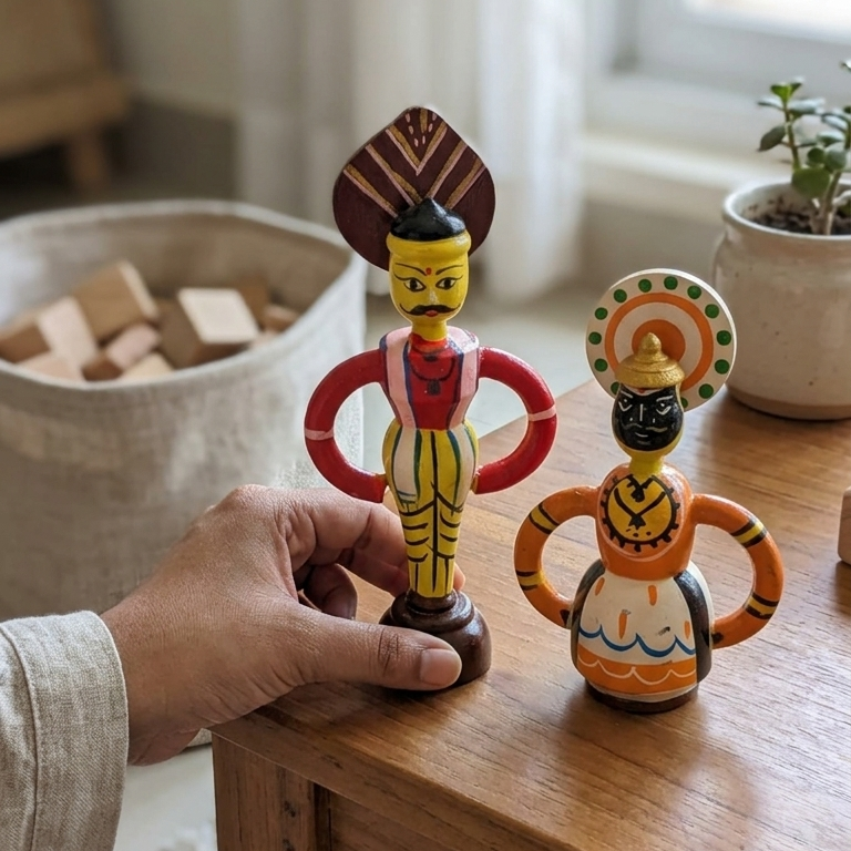 Wooden Yakshagana & Kathakali Folk Dolls – Traditional Theatre Set