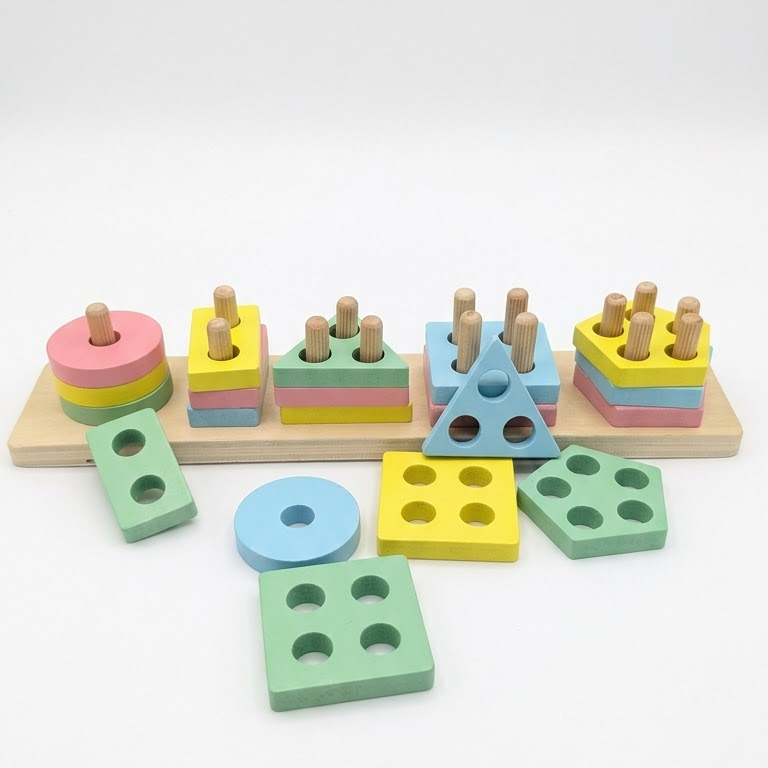 Wooden Geometric Shape Sorter Board – Peg Stacking Educational Toy