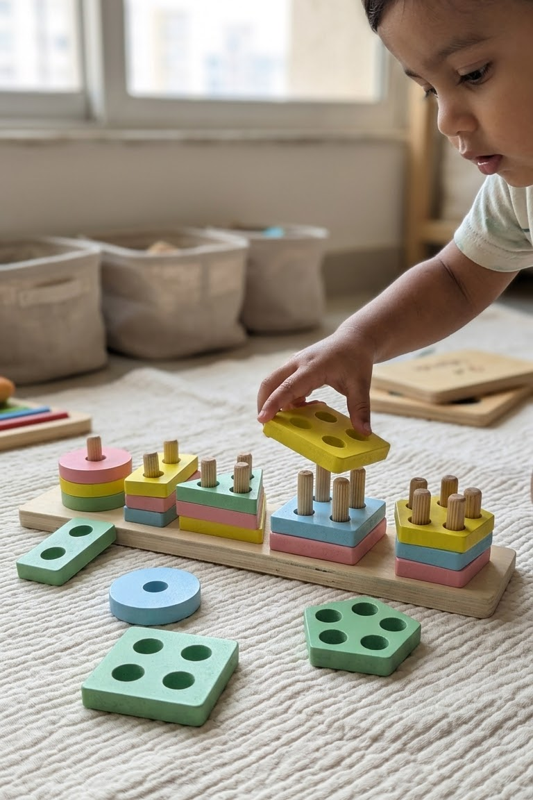 Wooden Geometric Shape Sorter Board – Peg Stacking Educational Toy