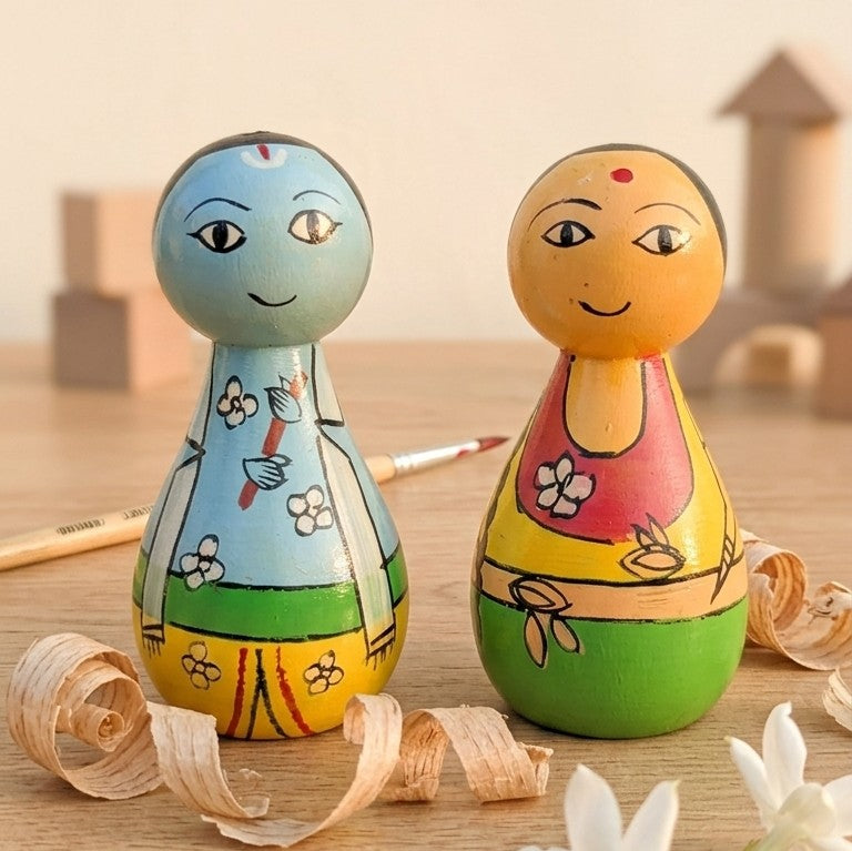 Wooden Radha Krishna Figurines – Handcrafted Divine Peg Dolls
