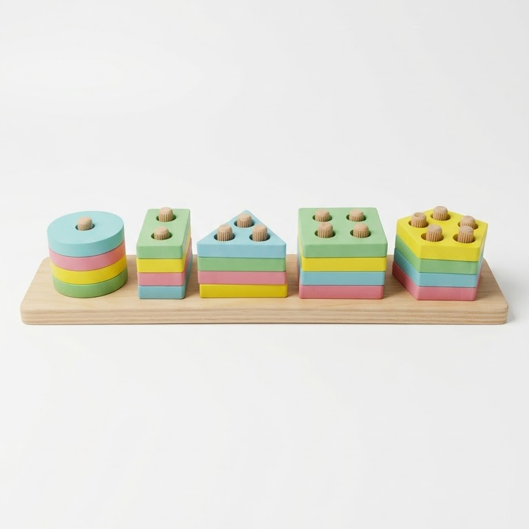 Wooden Geometric Shape Sorter Board – Peg Stacking Educational Toy