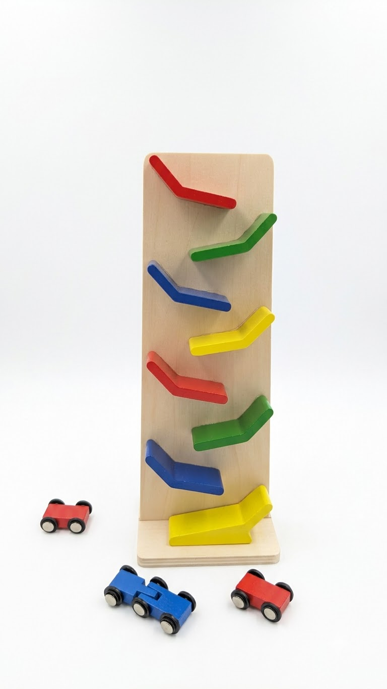 Wooden Vertical Zigzag Car Ramp Racer – 4-Level Track Toy