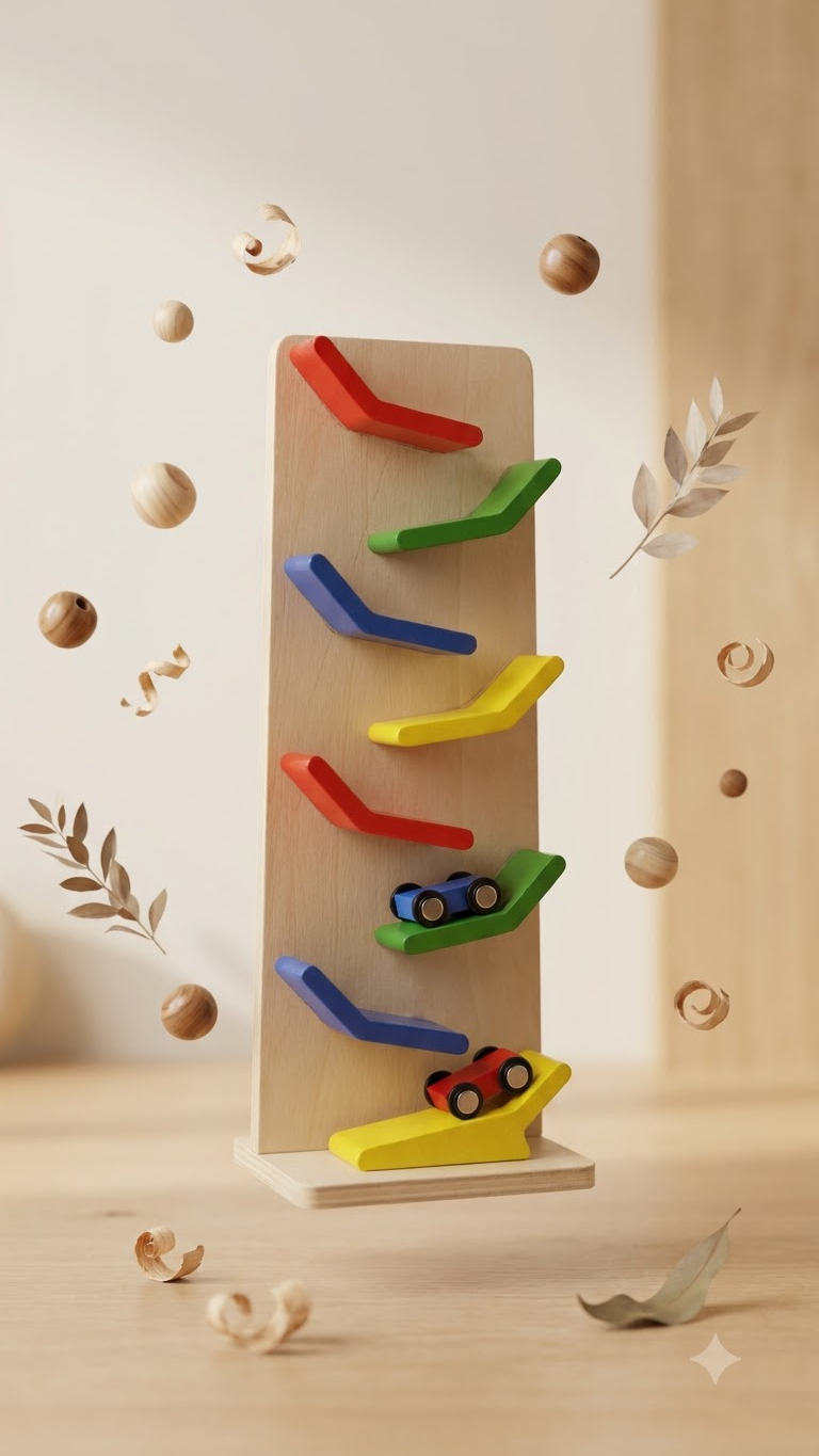 Wooden Vertical Zigzag Car Ramp Racer – 4-Level Track Toy