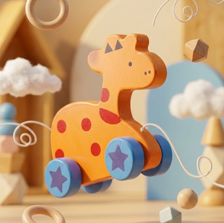 Wooden Pull-Along Giraffe Animal Toy – Toddler Walking Companion
