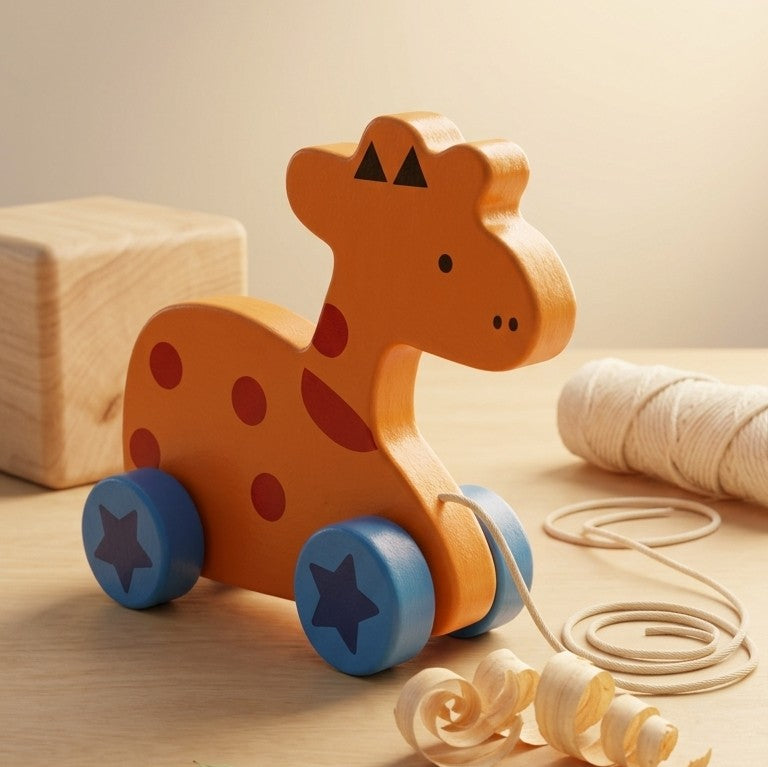 Wooden Pull-Along Giraffe Animal Toy – Toddler Walking Companion